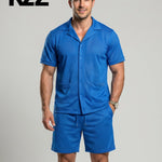 KZZ Men's Solid Color Hollow-Out Short-Sleeve Shirt and Shorts Set