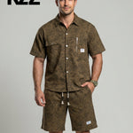 KZZ Men's American Retro Slim Fit Tie-Dye Workwear Short-Sleeve Set