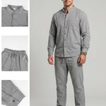 KZZ Men's Long-Sleeve Button-Down Shirt and Straight-Leg Drawstring Trousers Set