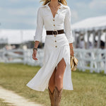 Fashion Casual Button-decorated White Slit Midi Dress