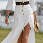 Fashion Casual Button-decorated White Slit Midi Dress