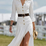 Fashion Casual Button-decorated White Slit Midi Dress