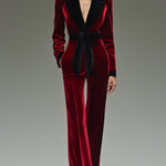 【24-hour shipping out】Retro Fashion Lapel Belt Different Color Velvet Stitching Jumpsuit