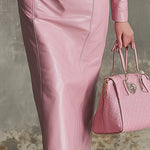 Elegant And Gentle Pink Faux Leather Midi Dress