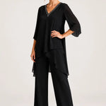 Asymmetric Chiffon Capelet Pant Suit with Wide-Leg Pants