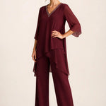 Asymmetric Chiffon Capelet Pant Suit with Wide-Leg Pants