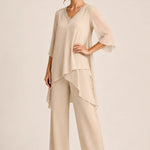 Asymmetric Chiffon Capelet Pant Suit with Wide-Leg Pants