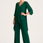 Asymmetric Chiffon Capelet Pant Suit with Wide-Leg Pants