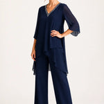 Asymmetric Chiffon Capelet Pant Suit with Wide-Leg Pants