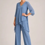 Asymmetric Chiffon Capelet Pant Suit with Wide-Leg Pants