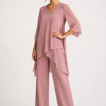 Asymmetric Chiffon Capelet Pant Suit with Wide-Leg Pants