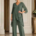 Asymmetric Chiffon Capelet Pant Suit with Wide-Leg Pants