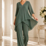 Asymmetric Chiffon Capelet Pant Suit with Wide-Leg Pants