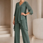 Asymmetric Chiffon Capelet Pant Suit with Wide-Leg Pants