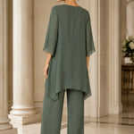 Asymmetric Chiffon Capelet Pant Suit with Wide-Leg Pants