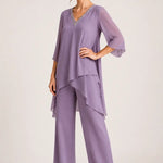 Asymmetric Chiffon Capelet Pant Suit with Wide-Leg Pants