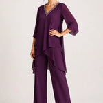 Asymmetric Chiffon Capelet Pant Suit with Wide-Leg Pants
