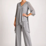 Asymmetric Chiffon Capelet Pant Suit with Wide-Leg Pants