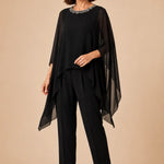 Beaded Chiffon Asymmetric Capelet Pant Suit