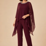 Beaded Chiffon Asymmetric Capelet Pant Suit