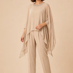 Beaded Chiffon Asymmetric Capelet Pant Suit