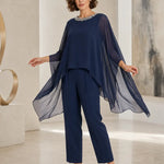 Beaded Chiffon Asymmetric Capelet Pant Suit
