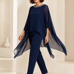 Beaded Chiffon Asymmetric Capelet Pant Suit