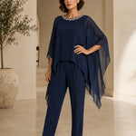 Beaded Chiffon Asymmetric Capelet Pant Suit