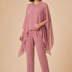 Beaded Chiffon Asymmetric Capelet Pant Suit