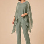 Beaded Chiffon Asymmetric Capelet Pant Suit