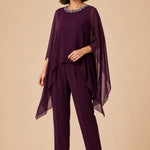 Beaded Chiffon Asymmetric Capelet Pant Suit