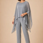 Beaded Chiffon Asymmetric Capelet Pant Suit