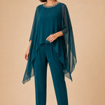 Beaded Chiffon Asymmetric Capelet Pant Suit