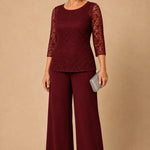 Beaded Lace Wide-Leg Pant Suit with 3/4 Sleeves
