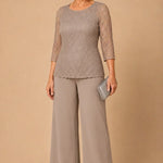 Beaded Lace Wide-Leg Pant Suit with 3/4 Sleeves