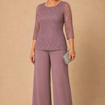 Beaded Lace Wide-Leg Pant Suit with 3/4 Sleeves
