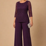 Beaded Lace Wide-Leg Pant Suit with 3/4 Sleeves
