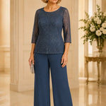 Beaded Lace Wide-Leg Pant Suit with 3/4 Sleeves