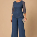 Beaded Lace Wide-Leg Pant Suit with 3/4 Sleeves