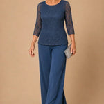Beaded Lace Wide-Leg Pant Suit with 3/4 Sleeves