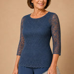 Beaded Lace Wide-Leg Pant Suit with 3/4 Sleeves