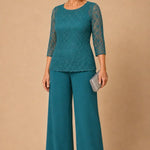 Beaded Lace Wide-Leg Pant Suit with 3/4 Sleeves