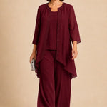 Beaded Three-Piece Chiffon Pant Suit with Draped Jacket