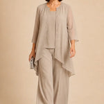 Beaded Three-Piece Chiffon Pant Suit with Draped Jacket