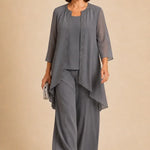 Beaded Three-Piece Chiffon Pant Suit with Draped Jacket