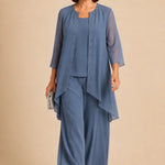 Beaded Three-Piece Chiffon Pant Suit with Draped Jacket