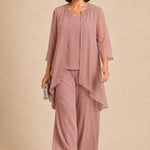 Beaded Three-Piece Chiffon Pant Suit with Draped Jacket