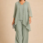 Beaded Three-Piece Chiffon Pant Suit with Draped Jacket