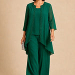 Beaded Three-Piece Chiffon Pant Suit with Draped Jacket