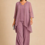 Beaded Three-Piece Chiffon Pant Suit with Draped Jacket